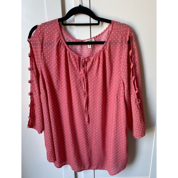 COMO BLU women's Caged 3/4 sleeve peasant top, Coral Dot 2X Polka dots - Picture 1 of 8